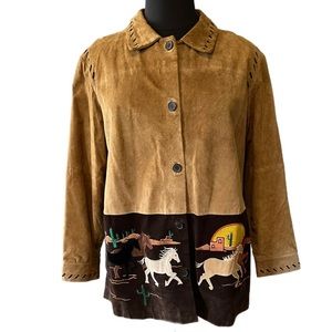 QUACKER FACTORY Western Horse Stampede Appliquéd Tan/Brown Suede Jacket SIZE  1X